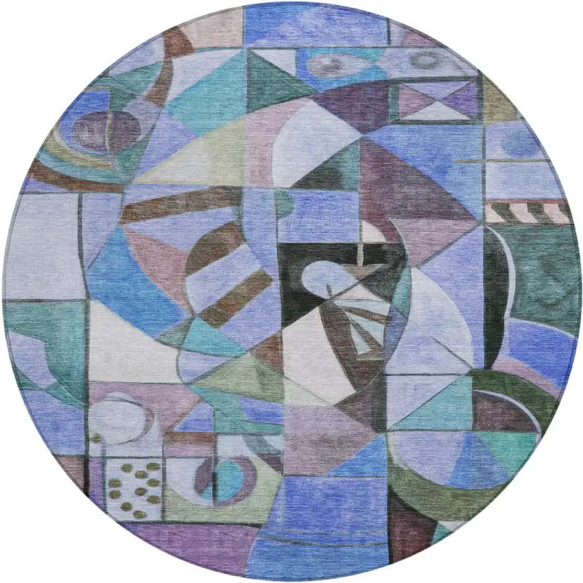 8' Green Blue Purple And Black Round Abstract Washable Indoor Outdoor Area Rug Photo 1