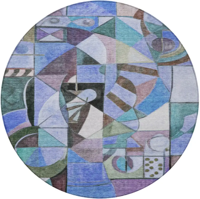 8' Green Blue Purple And Black Round Abstract Washable Indoor Outdoor Area Rug Photo 3