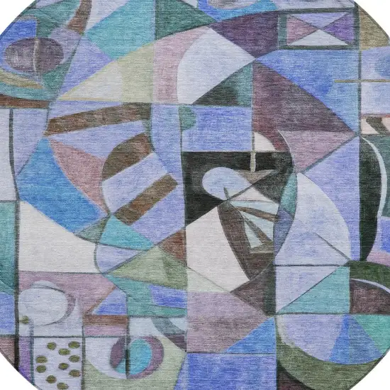 8' Green Blue Purple And Black Round Abstract Washable Indoor Outdoor Area Rug Photo 9