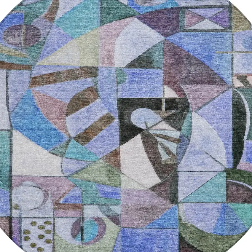 8' Green Blue Purple And Black Round Abstract Washable Indoor Outdoor Area Rug Photo 9