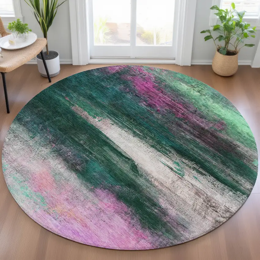 8' Green Blush And Ivory Round Abstract Washable Indoor Outdoor Area Rug Photo 5
