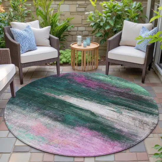 8' Green Blush And Ivory Round Abstract Washable Indoor Outdoor Area Rug Photo 6