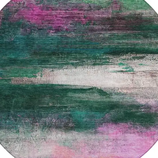 8' Green Blush And Ivory Round Abstract Washable Indoor Outdoor Area Rug Photo 8