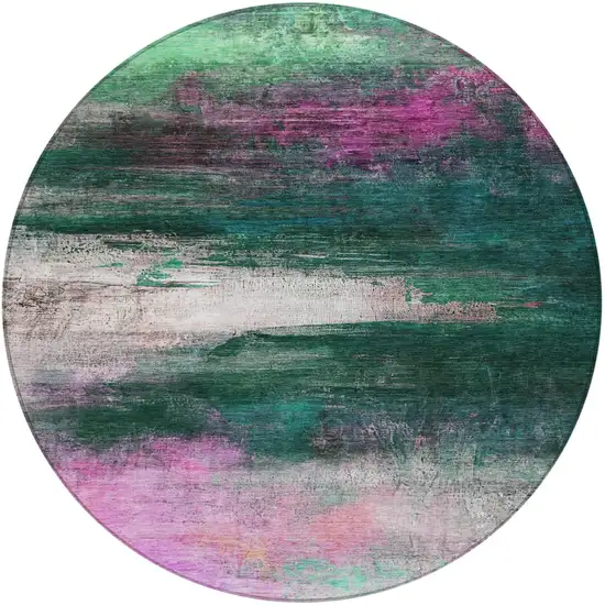 8' Green Blush And Ivory Round Abstract Washable Indoor Outdoor Area Rug Photo 3