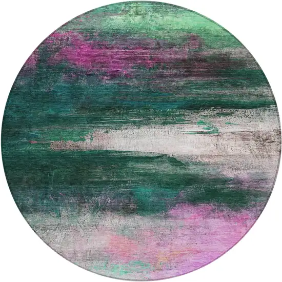 8' Green Blush And Ivory Round Abstract Washable Indoor Outdoor Area Rug Photo 1
