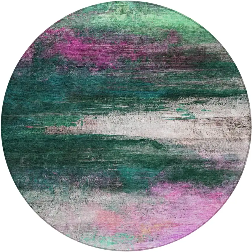 8' Green Blush And Ivory Round Abstract Washable Indoor Outdoor Area Rug Photo 1