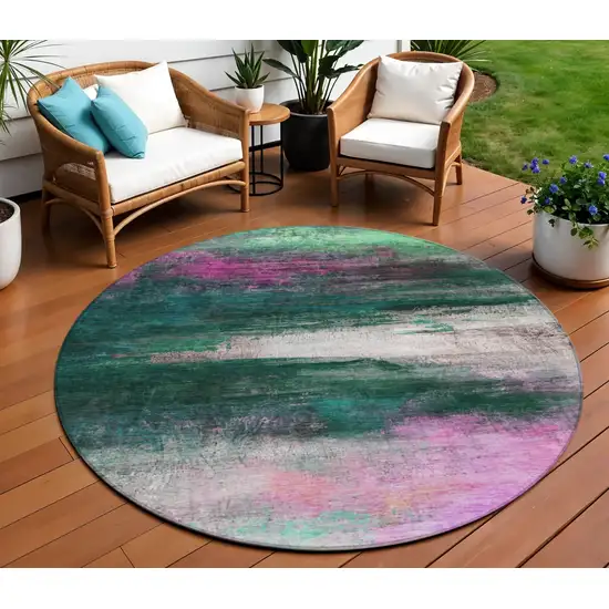 8' Green Blush And Ivory Round Abstract Washable Indoor Outdoor Area Rug Photo 2