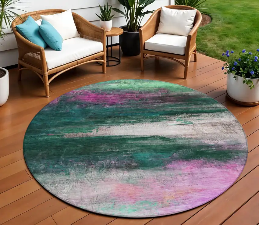 8' Green Blush And Ivory Round Abstract Washable Indoor Outdoor Area Rug Photo 2