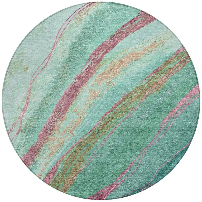 8' Green Blush And Peach Round Abstract Washable Indoor Outdoor Area Rug Photo 3