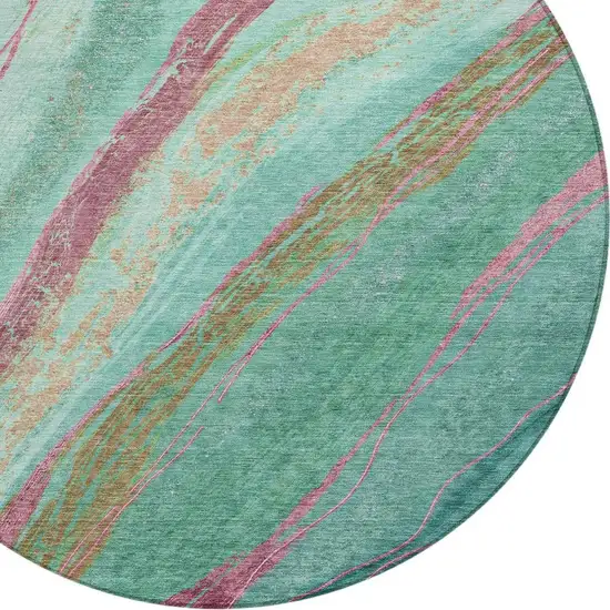 8' Green Blush And Peach Round Abstract Washable Indoor Outdoor Area Rug Photo 4