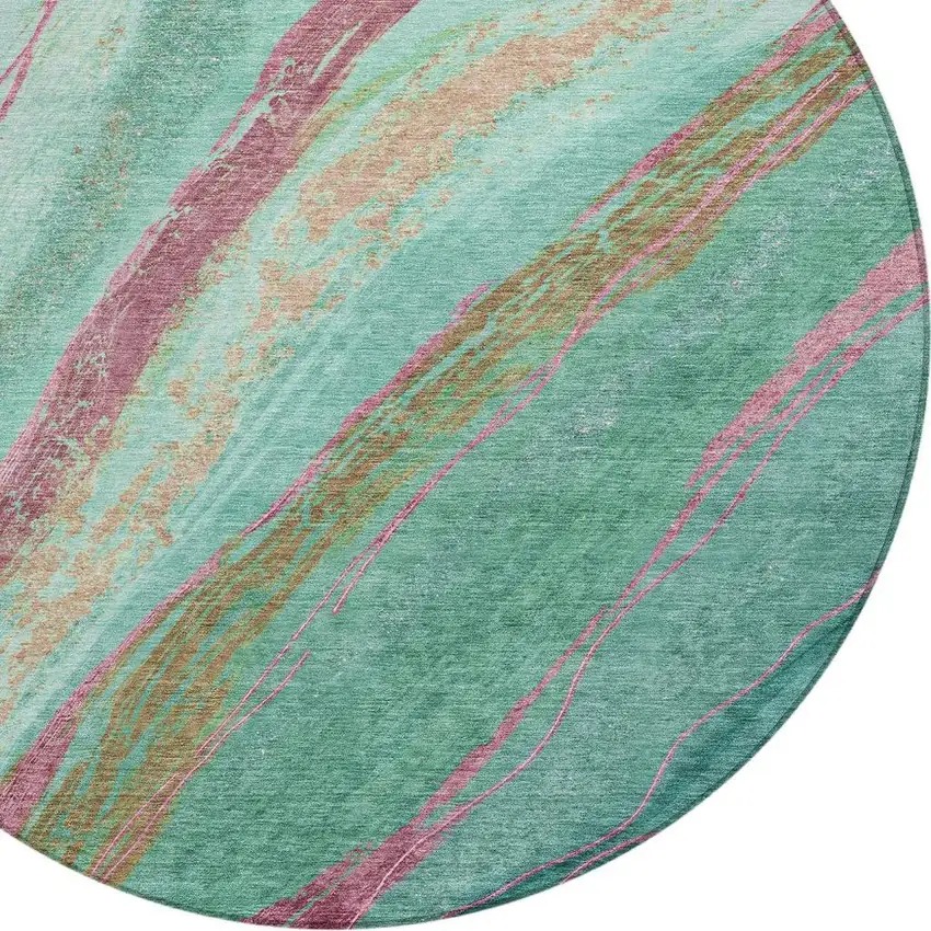 8' Green Blush And Peach Round Abstract Washable Indoor Outdoor Area Rug Photo 4