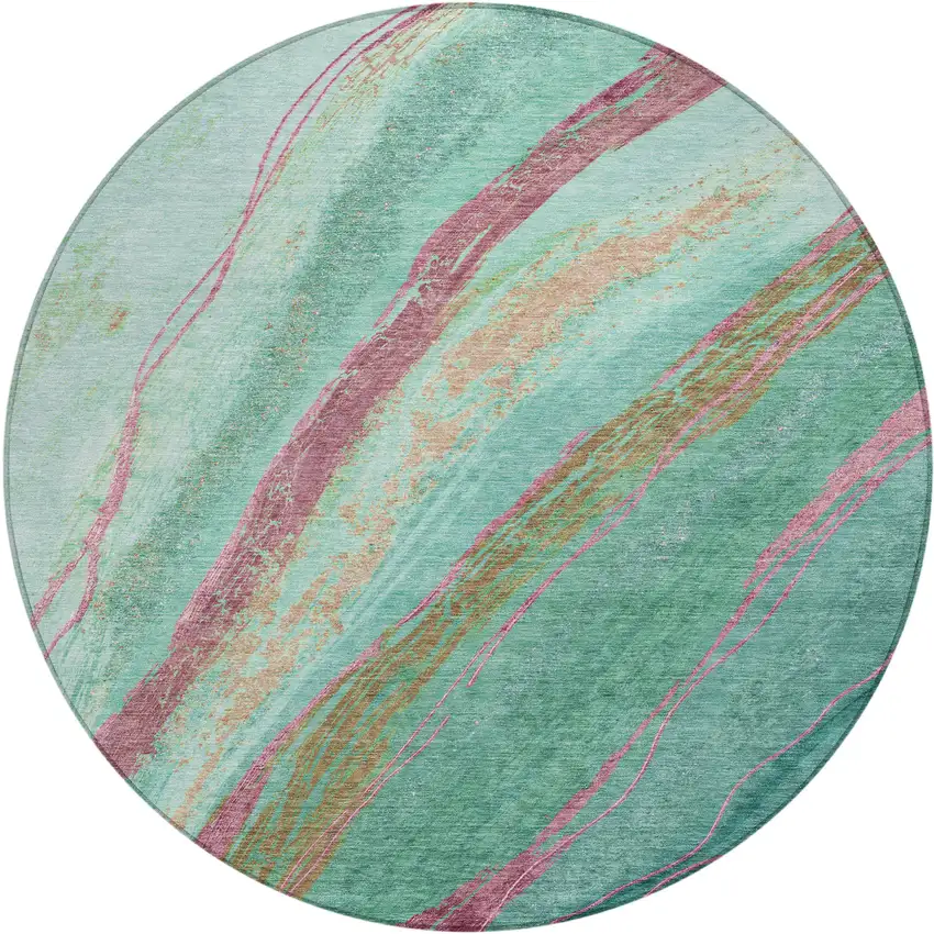 8' Green Blush And Peach Round Abstract Washable Indoor Outdoor Area Rug Photo 1