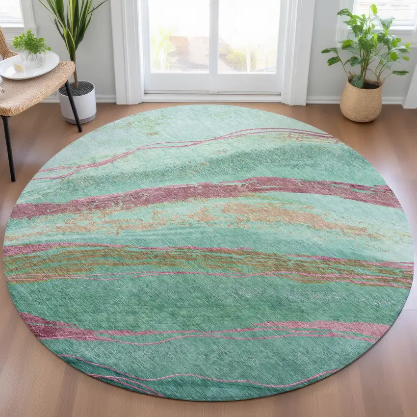 8' Green Blush And Peach Round Abstract Washable Indoor Outdoor Area Rug Photo 5