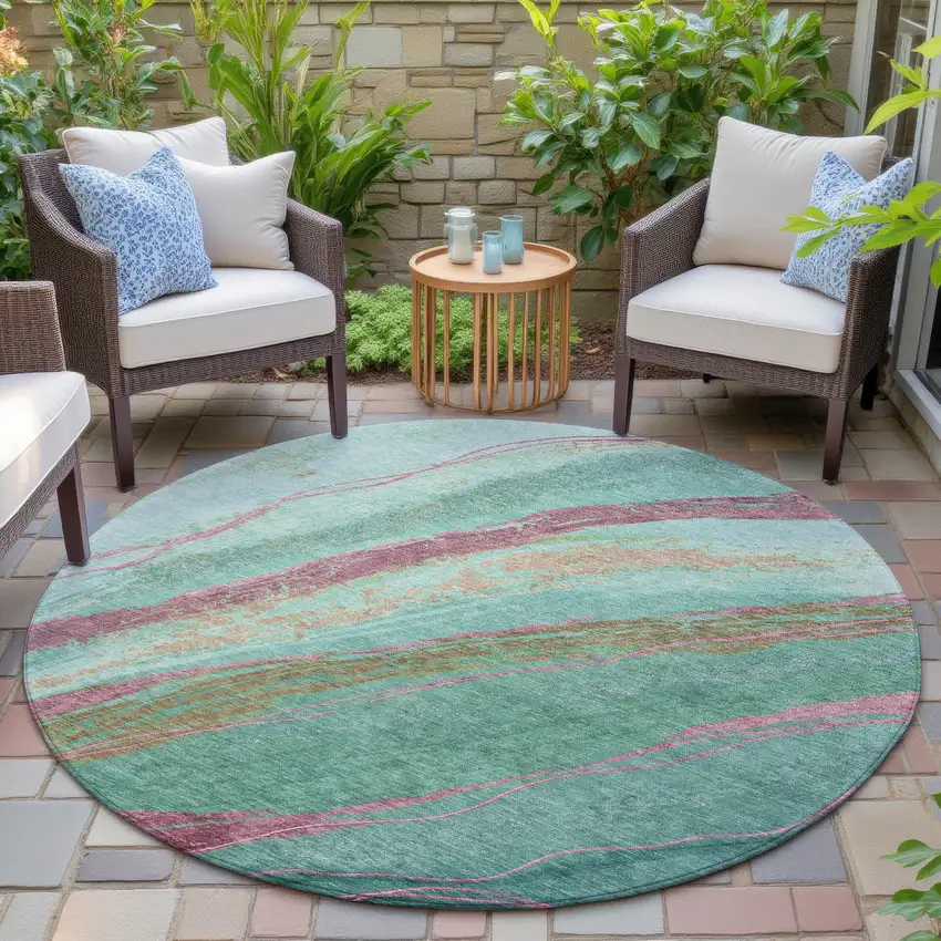 8' Green Blush And Peach Round Abstract Washable Indoor Outdoor Area Rug Photo 6