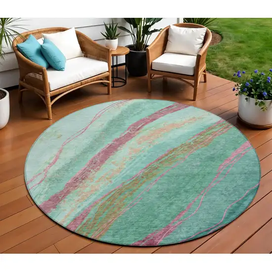 8' Green Blush And Peach Round Abstract Washable Indoor Outdoor Area Rug Photo 2