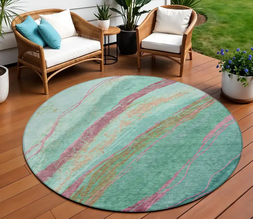 8' Green Blush And Peach Round Abstract Washable Indoor Outdoor Area Rug Photo 2