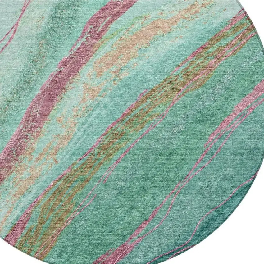 8' Green Blush And Peach Round Abstract Washable Indoor Outdoor Area Rug Photo 8
