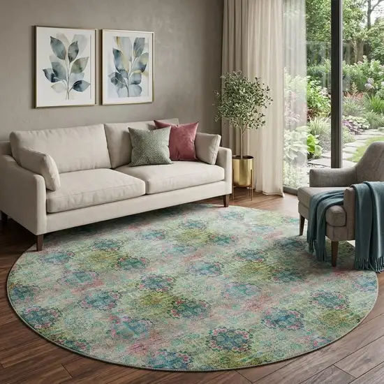 8' Green Blush And Teal Floral Medallion Distressed Washable Round Rug With UV Protection Photo 1