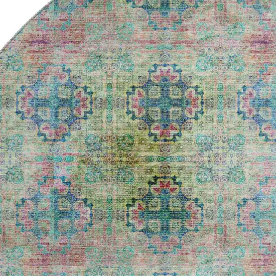 8' Green Blush And Teal Floral Medallion Washable Round Rug With UV Protection Photo 3