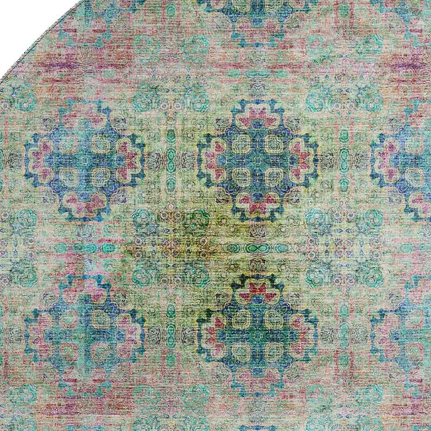 8' Green Blush And Teal Floral Medallion Washable Round Rug With UV Protection Photo 3