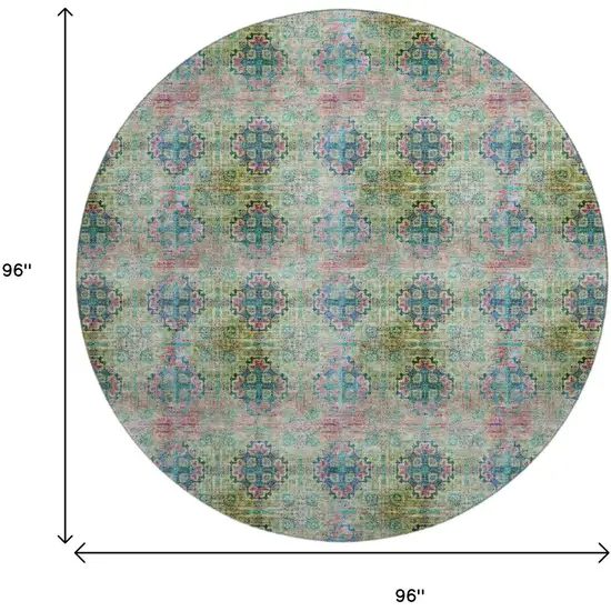 8' Green Blush And Teal Floral Medallion Distressed Washable Round Rug With UV Protection Photo 9