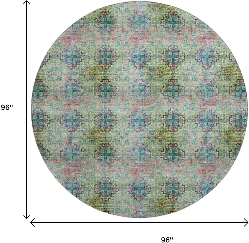 8' Green Blush And Teal Floral Medallion Distressed Washable Round Rug With UV Protection Photo 9