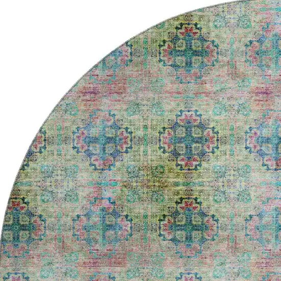 8' Green Blush And Teal Floral Medallion Washable Round Rug With UV Protection Photo 4