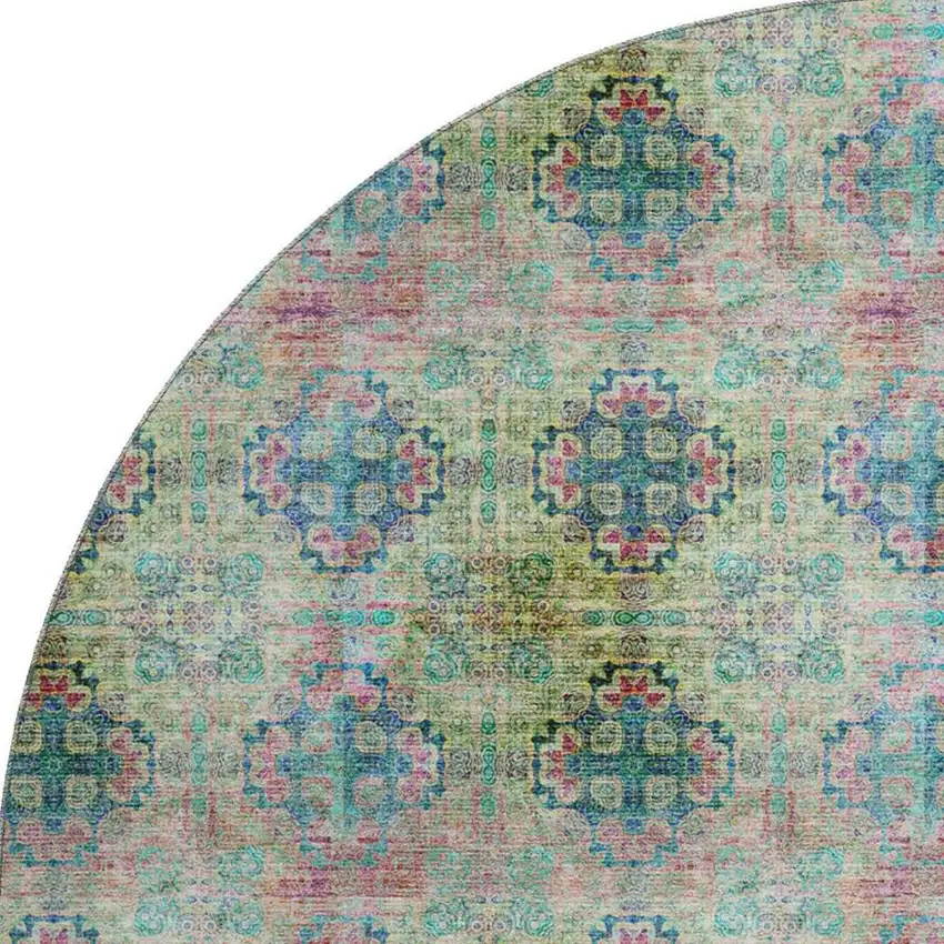 8' Green Blush And Teal Floral Medallion Washable Round Rug With UV Protection Photo 4