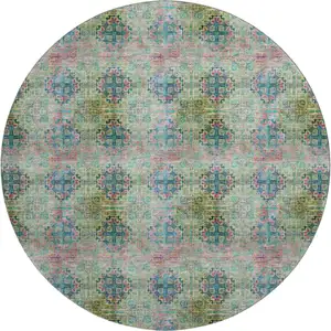 Photo of 8' Green Blush And Teal Floral Medallion Washable Round Rug With UV Protection