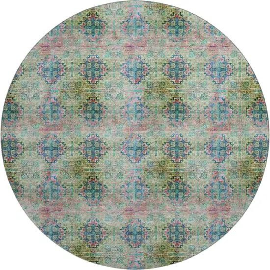 8' Green Blush And Teal Floral Medallion Washable Round Rug With UV Protection Photo 1