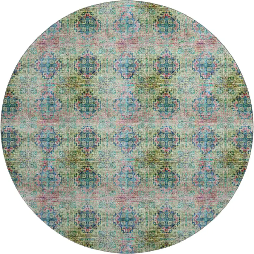 8' Green Blush And Teal Floral Medallion Washable Round Rug With UV Protection Photo 1