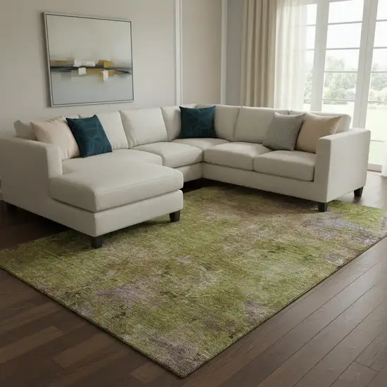 8' Green Brown And Beige Abstract Washable Area Rug With UV Protection Photo 2