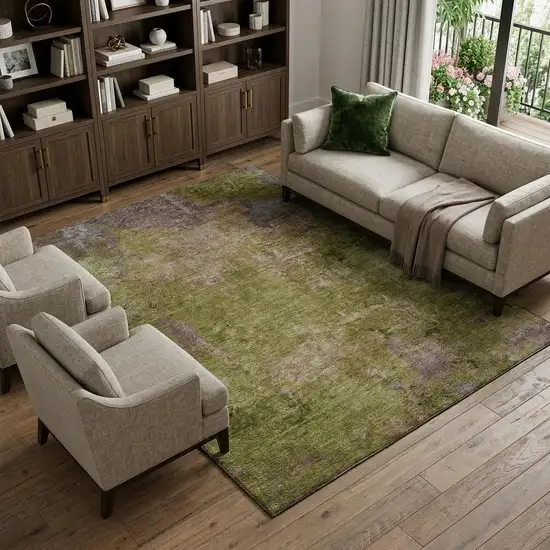 8' Green Brown And Beige Abstract Washable Area Rug With UV Protection Photo 1