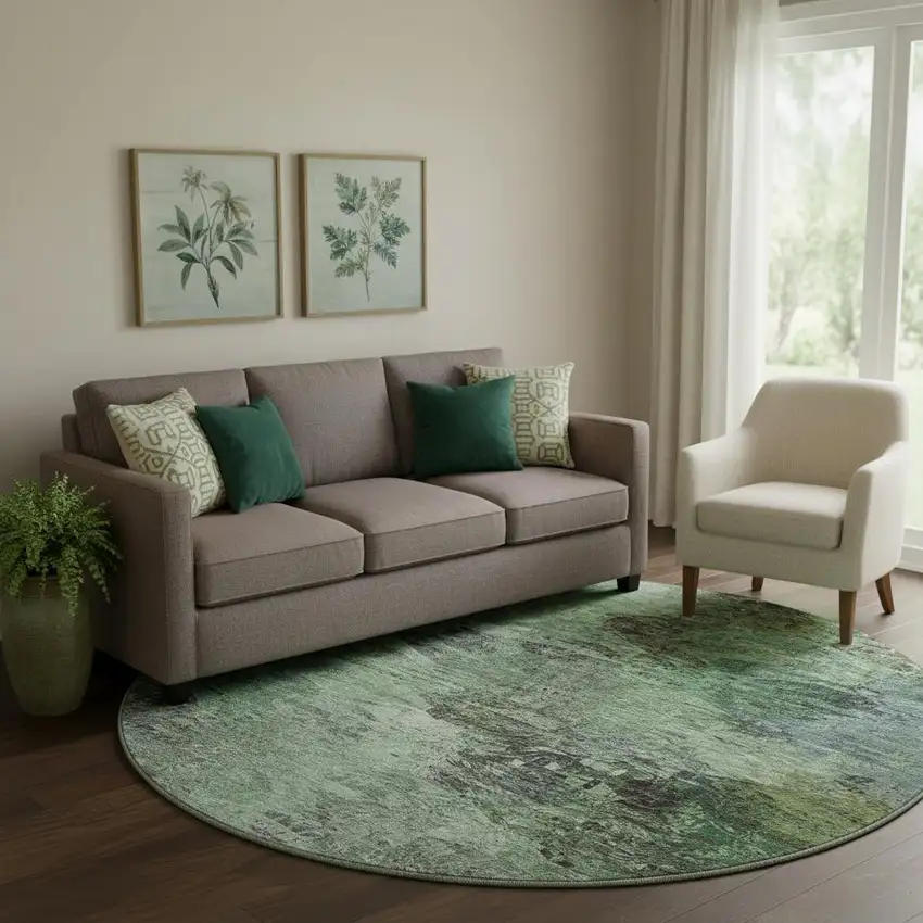 8' Green Brown And Ivory Abstract Washable Round Rug With UV Protection Photo 1