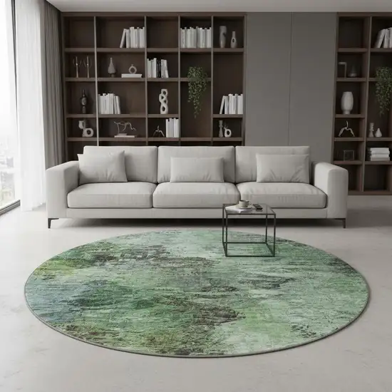 8' Green Brown And Ivory Abstract Washable Round Rug With UV Protection Photo 2