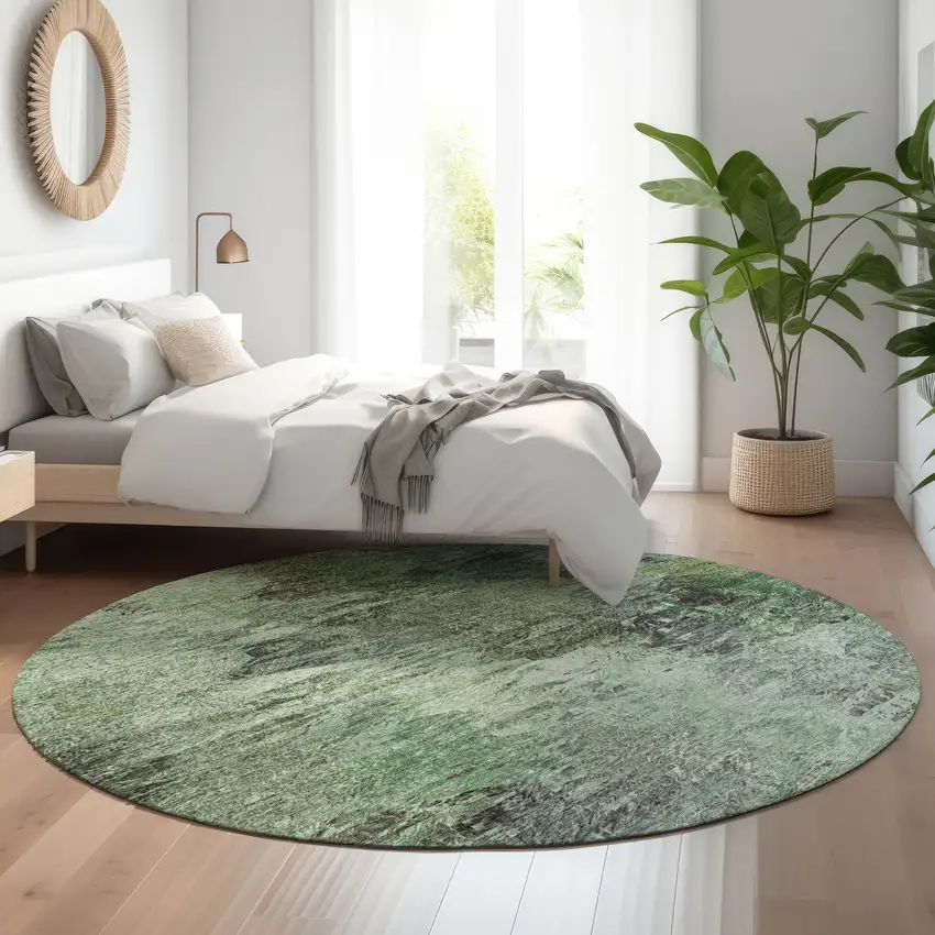 8' Green Brown And Ivory Abstract Washable Round Rug With UV Protection Photo 5
