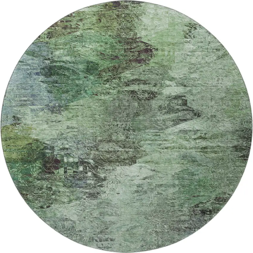 8' Green Brown And Ivory Abstract Washable Round Rug With UV Protection Photo 4