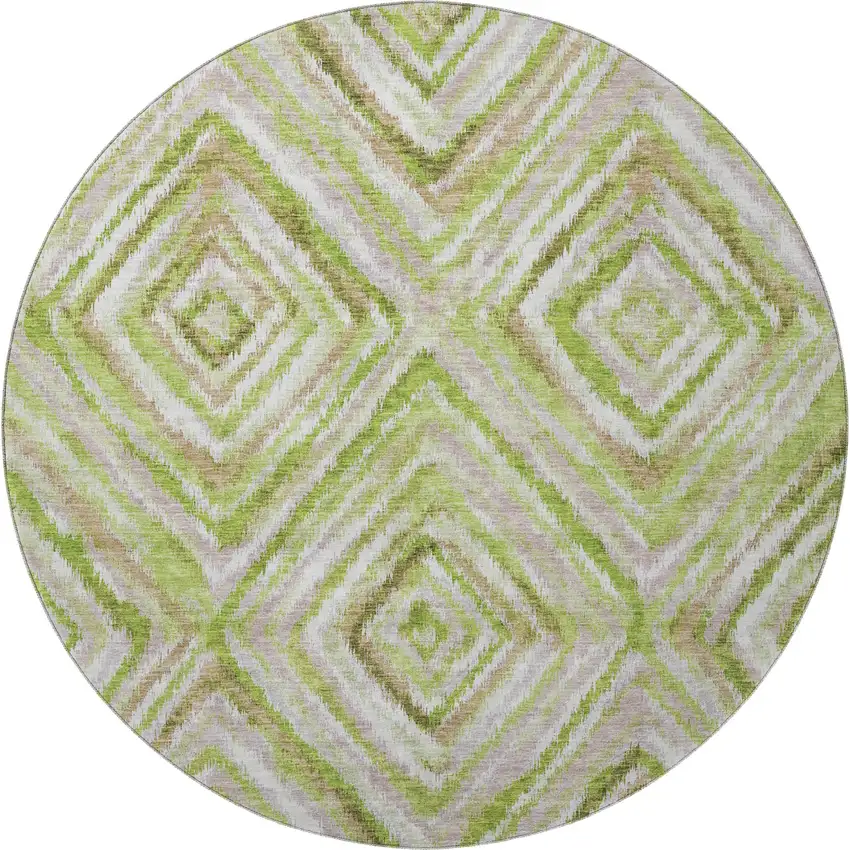 8' Green Brown And Ivory Geometric Washable Round Rug With UV Protection Photo 3