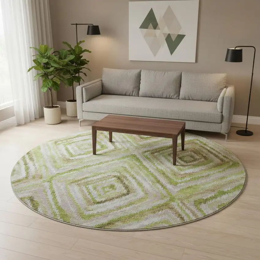 8' Green Brown And Ivory Geometric Washable Round Rug With UV Protection Photo 2