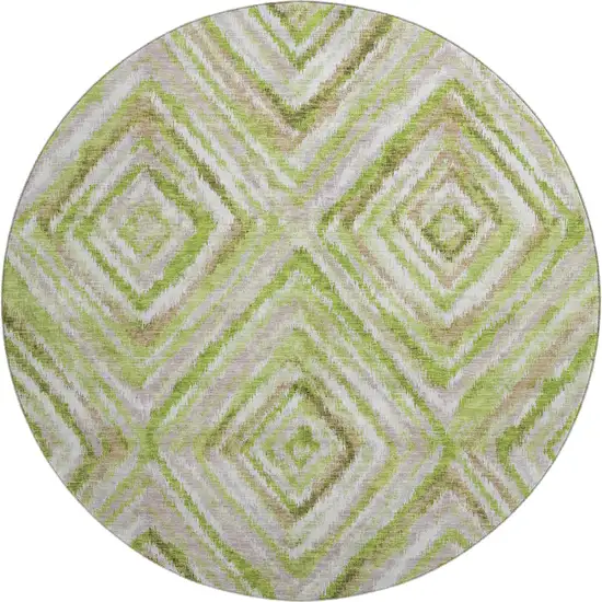 8' Green Brown And Ivory Geometric Washable Round Rug With UV Protection Photo 1