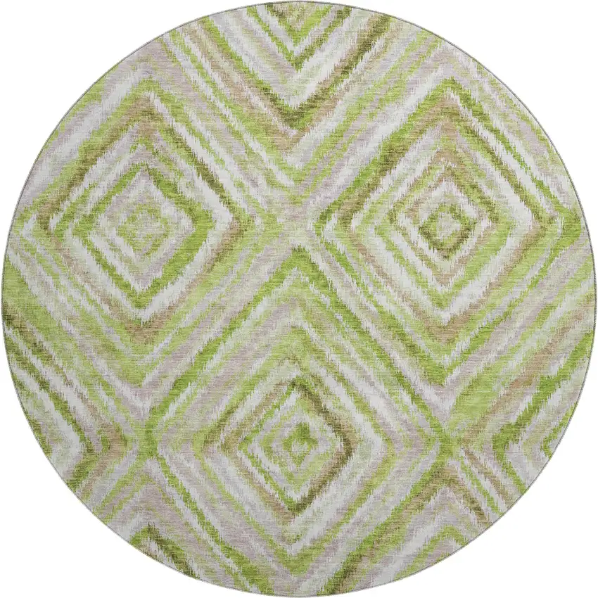 8' Green Brown And Ivory Geometric Washable Round Rug With UV Protection Photo 1