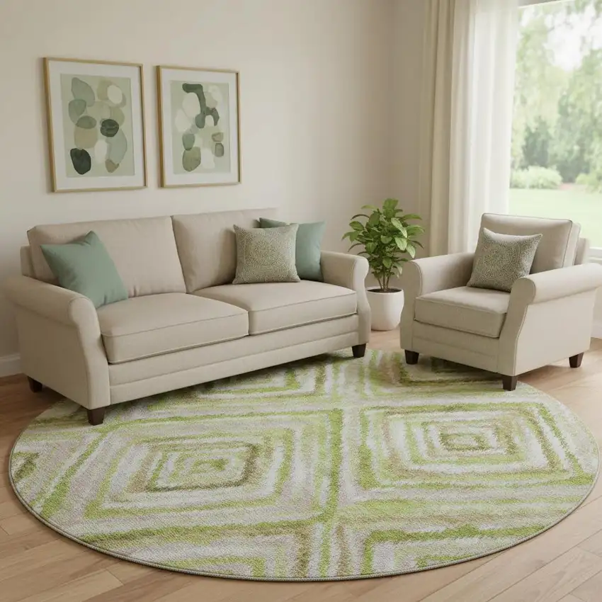 8' Green Brown And Ivory Geometric Washable Round Rug With UV Protection Photo 1