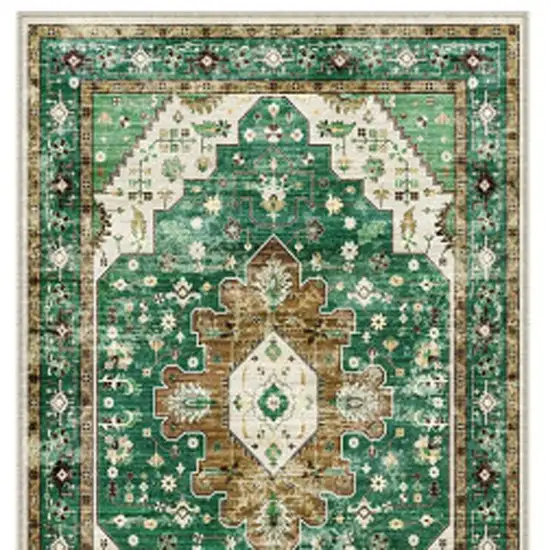 8' Green Brown And Ivory Medallion Distressed Washable Runner Rug Photo 4