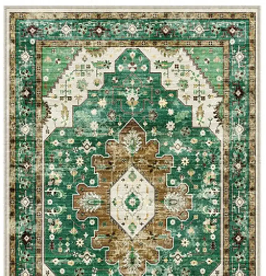 8' Green Brown And Ivory Medallion Distressed Washable Runner Rug Photo 4