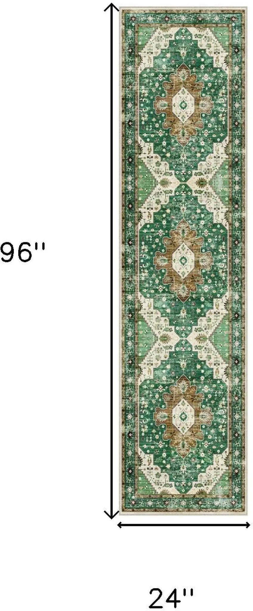 8' Green Brown And Ivory Medallion Distressed Washable Runner Rug Photo 3