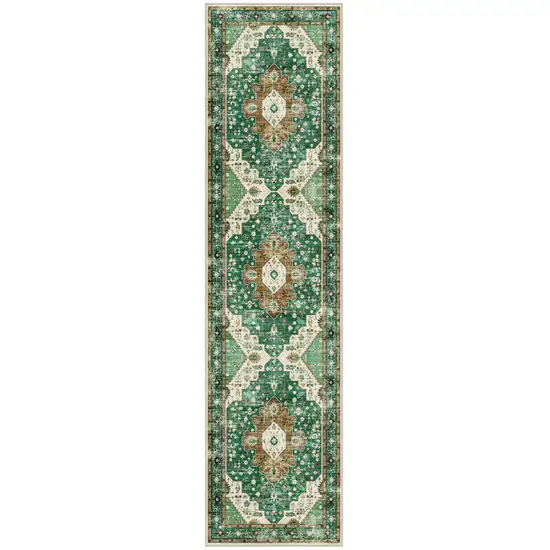 8' Green Brown And Ivory Medallion Distressed Washable Runner Rug Photo 2