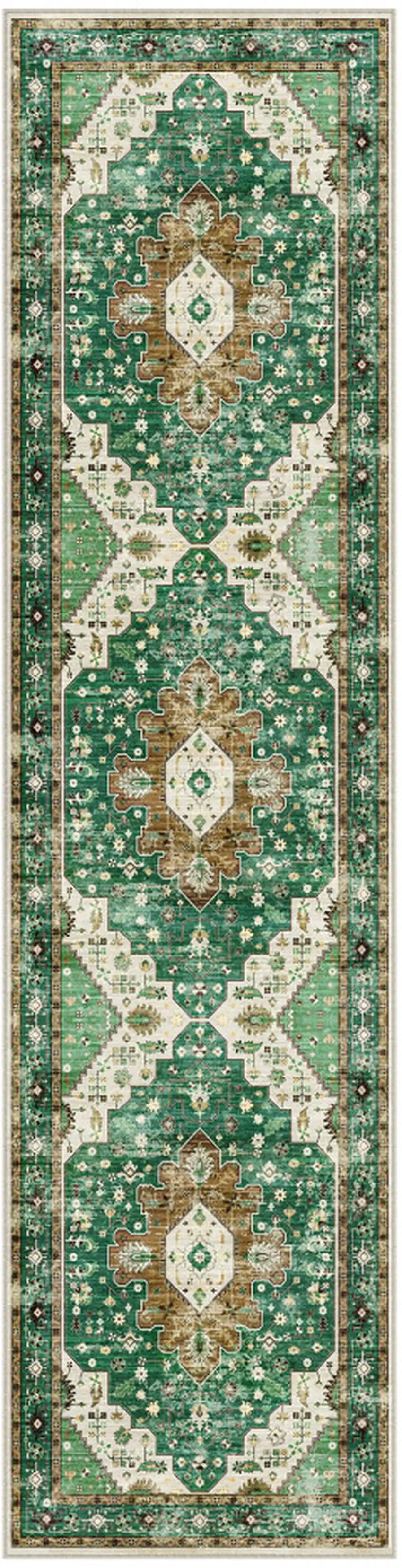 8' Green Brown And Ivory Medallion Distressed Washable Runner Rug Photo 2