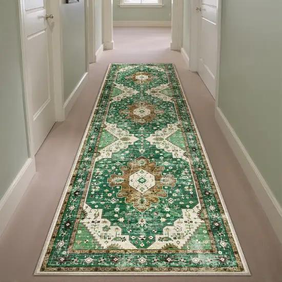 8' Green Brown And Ivory Medallion Distressed Washable Runner Rug Photo 5