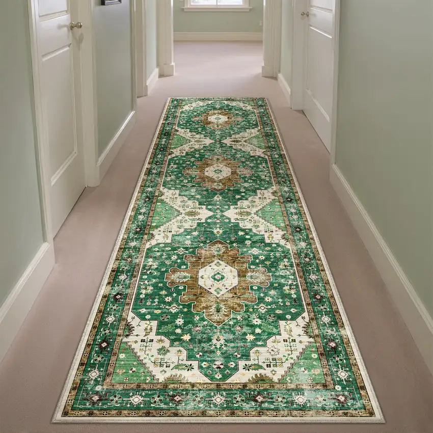 8' Green Brown And Ivory Medallion Distressed Washable Runner Rug Photo 5