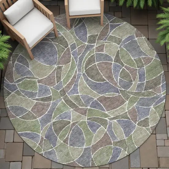 8' Green Brown And Purple Round Geometric Washable Indoor Outdoor Area Rug Photo 7